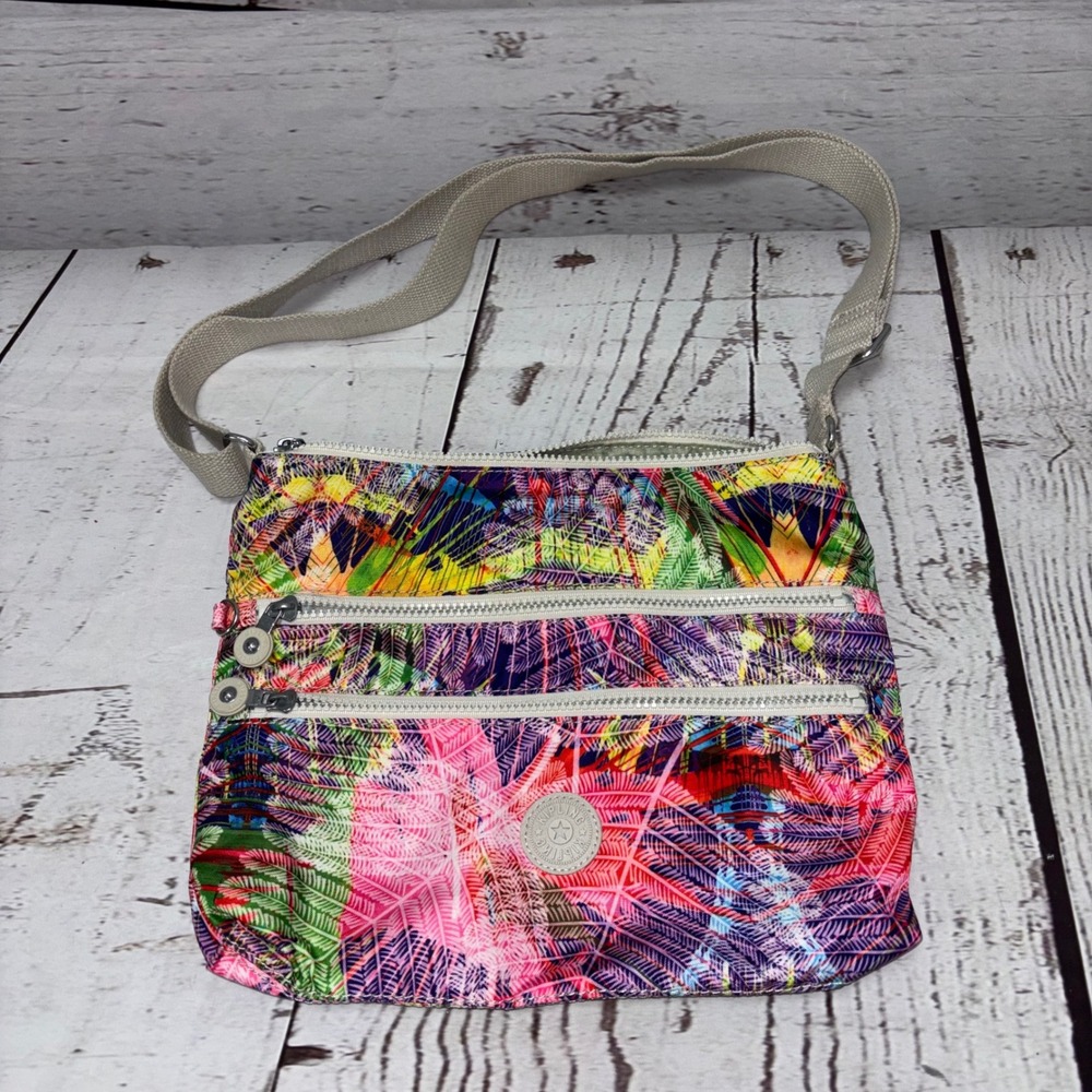 Kipling Alvar Crossbody Bag Tropical Palm Leaf Print Multi-Color Nylon Purse